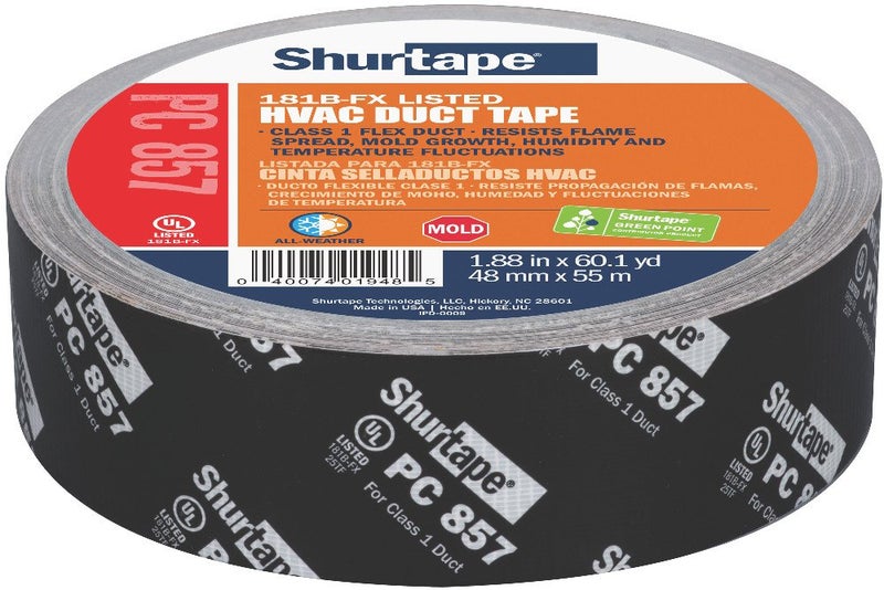 Shurtape PC 857 UL 181B-FX Listed/Printed Cloth Waterproof HVAC Duct Tape, Use to Seal Seam and Join Class 1 Flex Duct, 48mm x 55 Meters, Black Printed, 1 Roll (201885) - Image 1